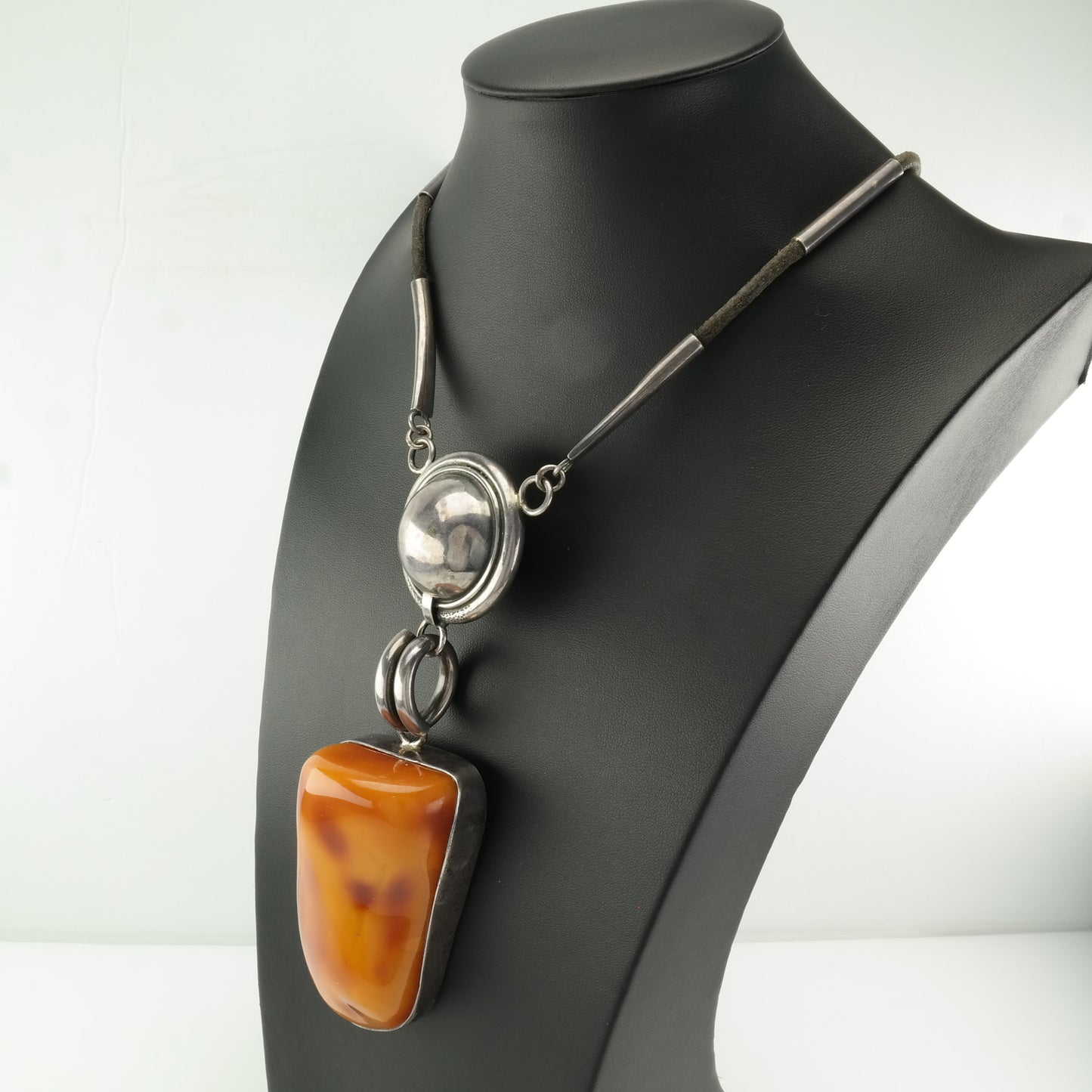 Sterling Silver Orange Amber, Boulder Leather Necklace