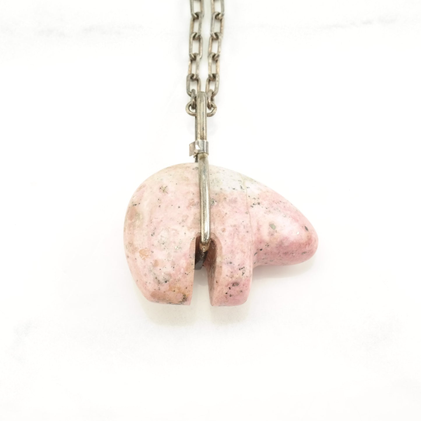 Southwest Sterling Silver Pink Rhodonite Bear, Fetish Necklace