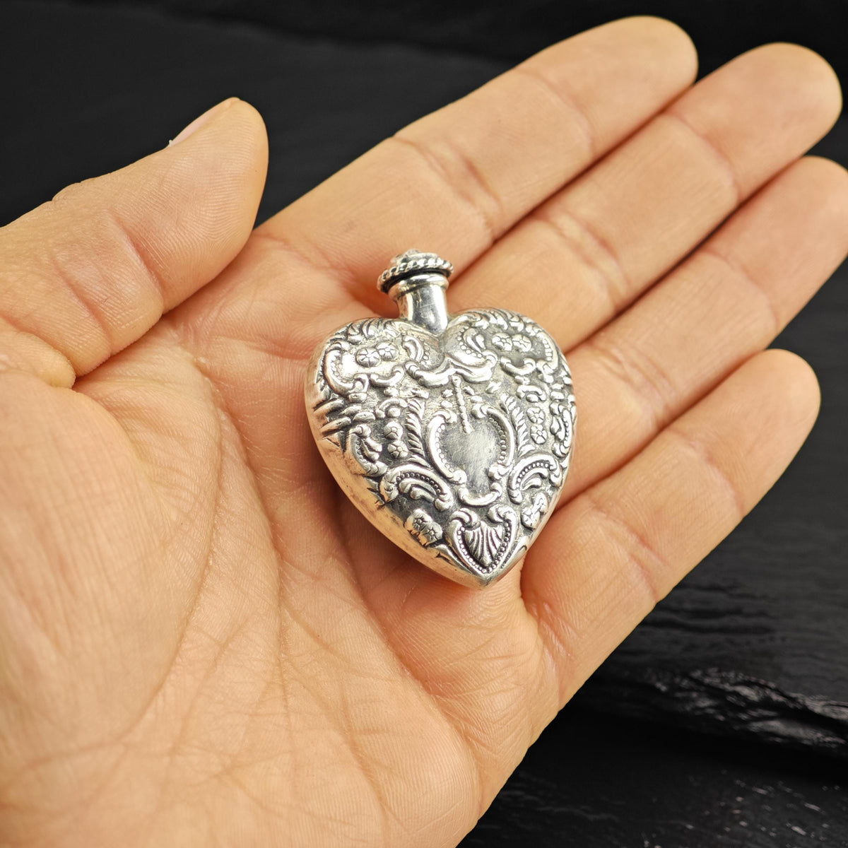 Art Nouveau Repousse Heart Shaped Sterling Silver Posion Bottle MISC0405