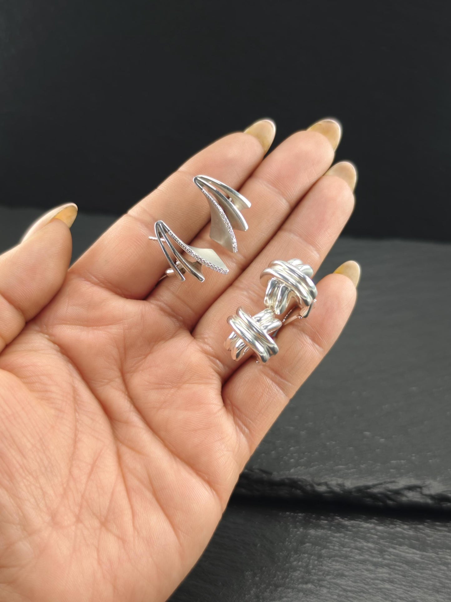 White Diamonds Modernist Omega Back Earrings Sterling Silver