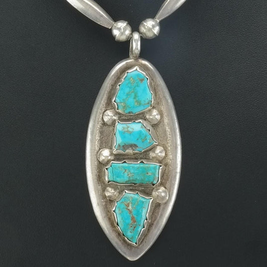 Vintage Native American Sterling Silver Turquoise Beaded Necklace