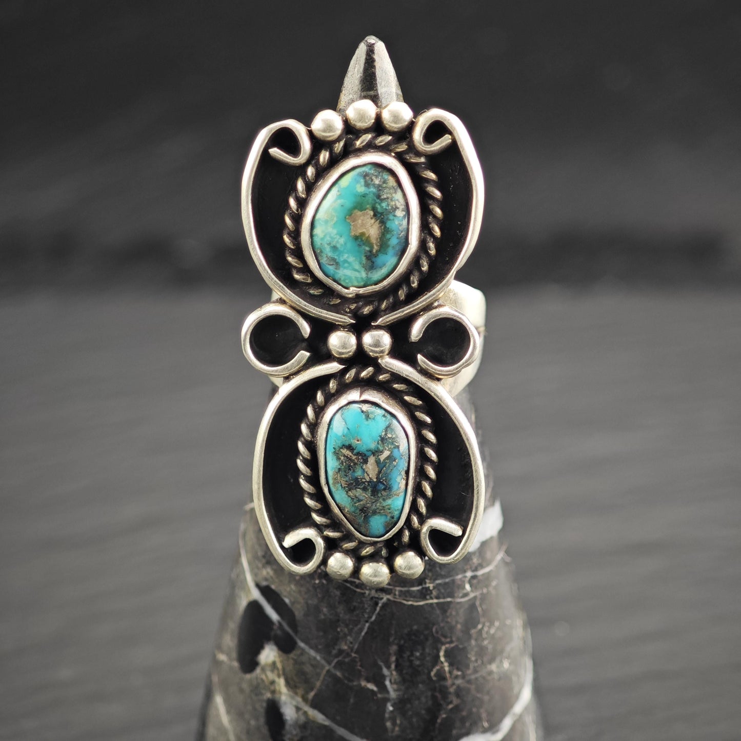 Vintage Native American Turquoise Duo Sterling Silver Ring Sz 6 1/2 R6623