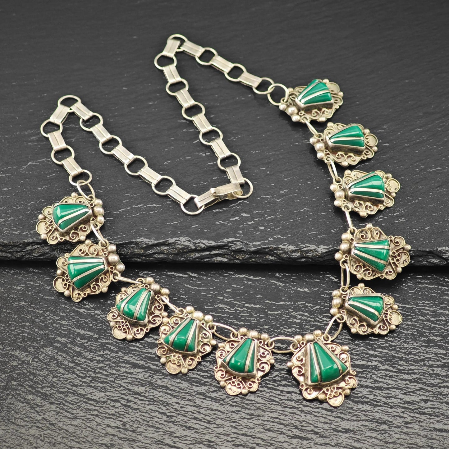 Sterling Silver Necklace: Taxco Green Onyx - Estate Jewelry