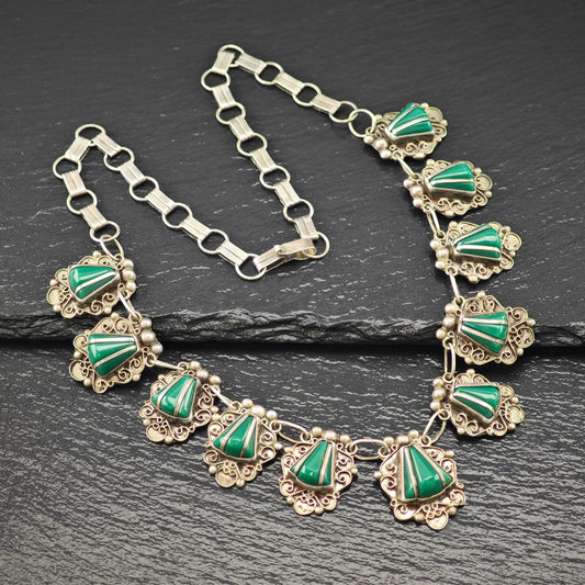 Sterling Silver Necklace: Taxco Green Onyx - Estate Jewelry