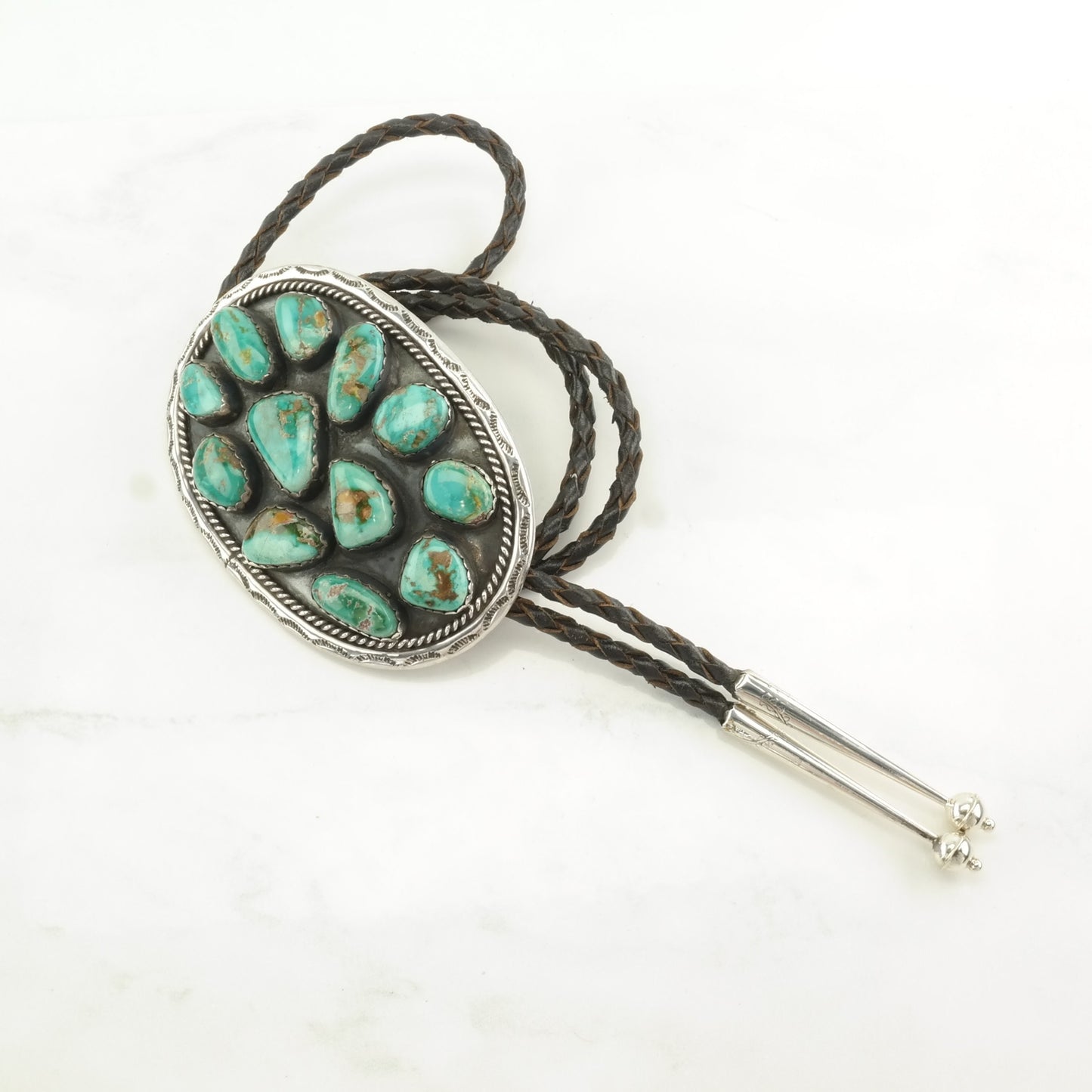 Green Turquoise Bolo Tie Sterling Silver Cluster Necklace