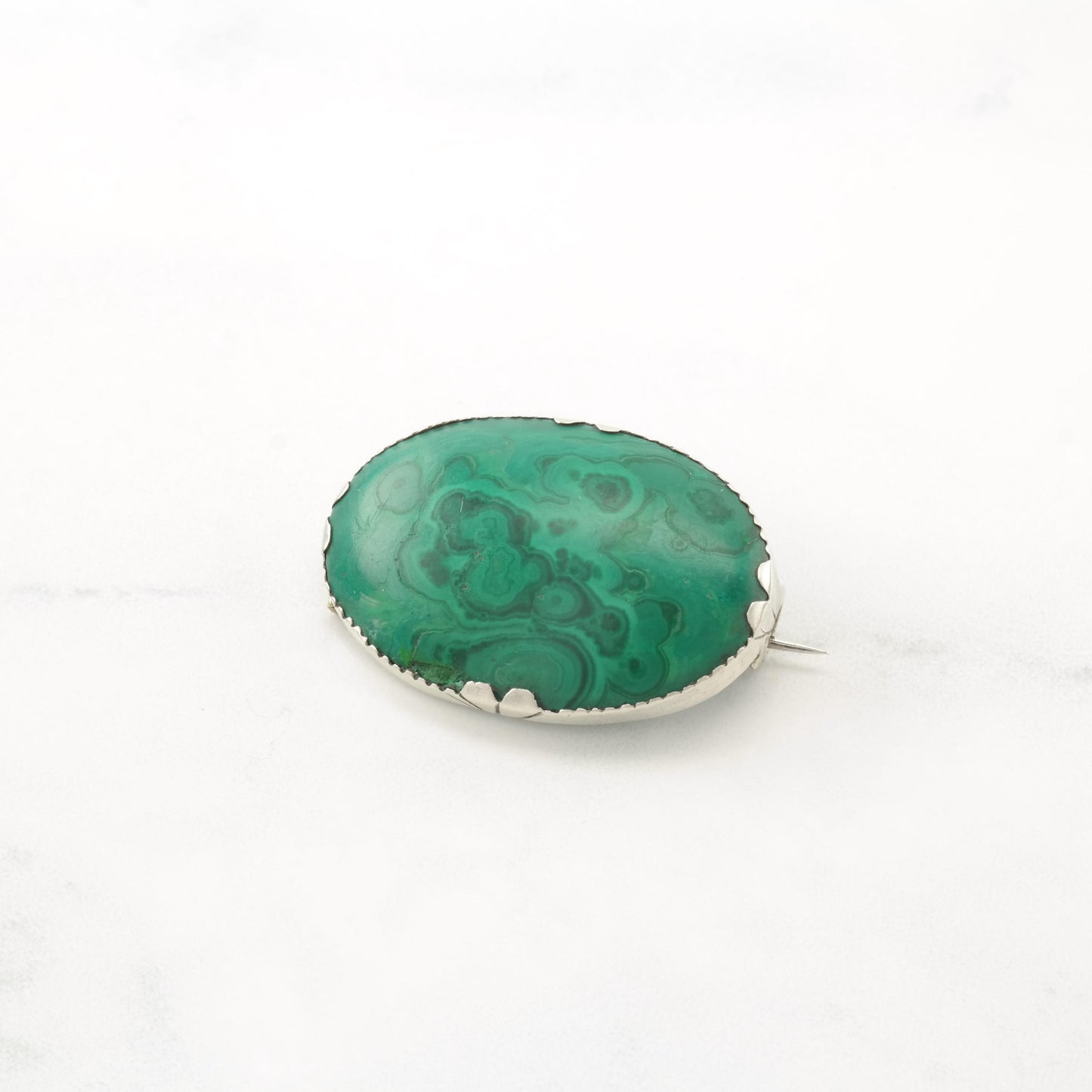 Art Deco Natural Malachite Sterling Silver Brooch