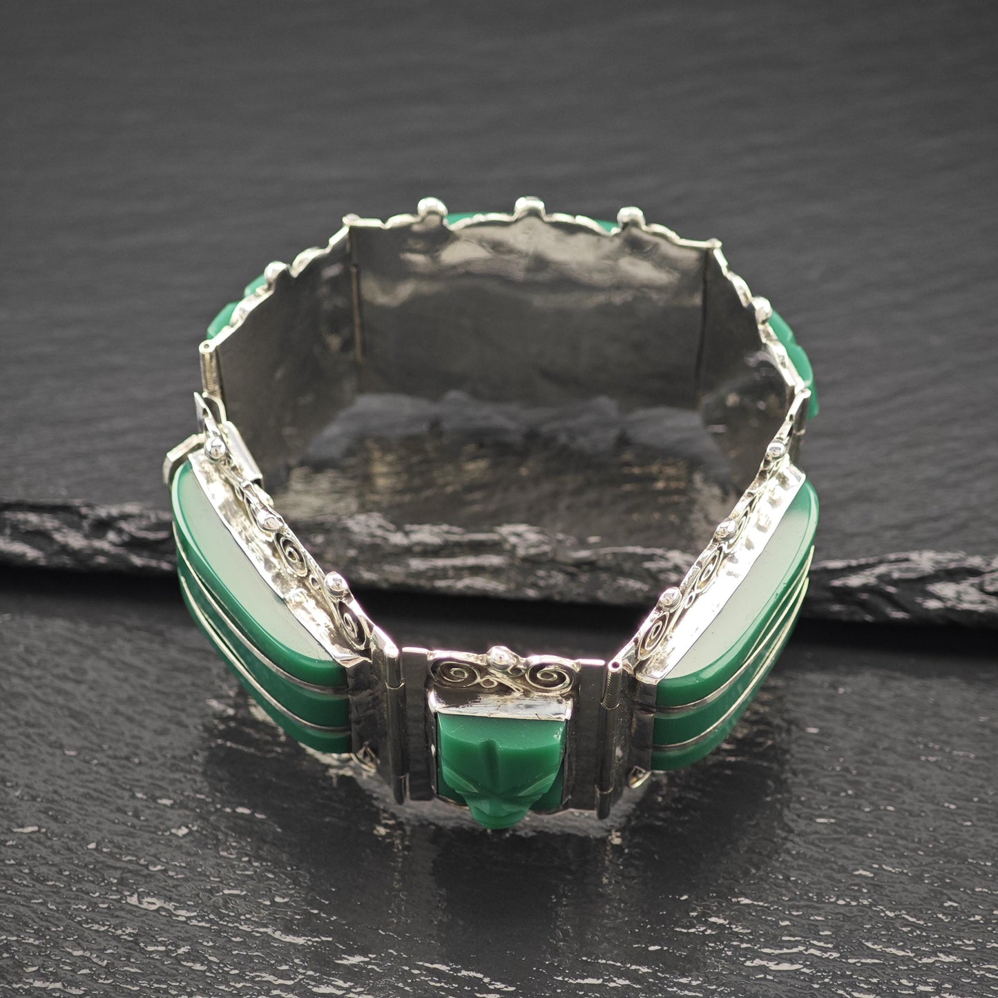 Carved Face Green Onyx Panel Bracelet Sterling Silver Size 7"