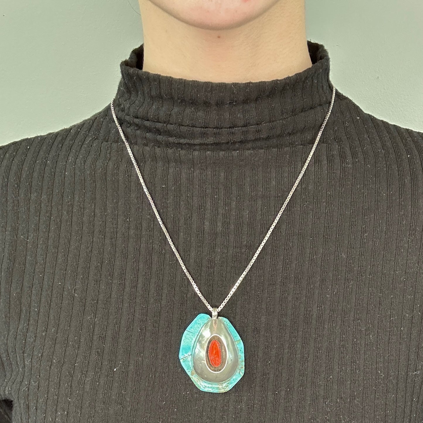 Native American Sterling Silver Blue, Red Turquoise, Coral Shadowbox, Cobblestone Inlay Necklace