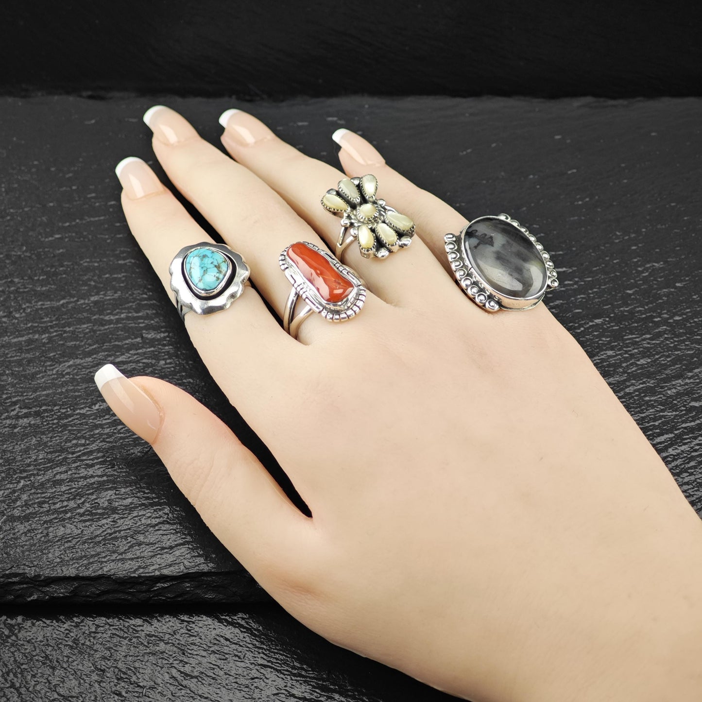 Native American Spiderweb Turquoise Shadowbox Ring Sterling Silver Size 5 3/4