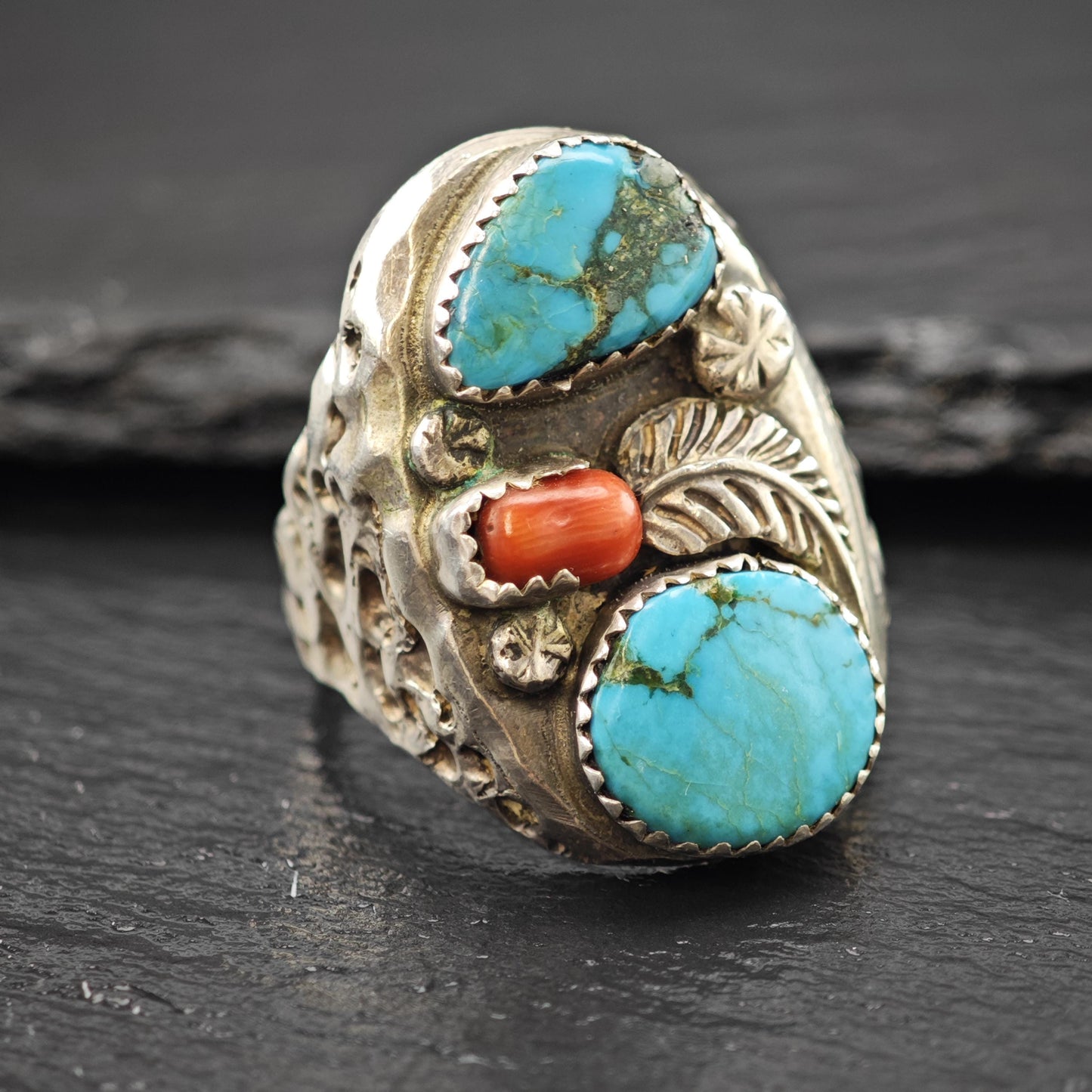 Native American Turquoise, Coral Floral Ring Sterling Silver Sz 13 1/4