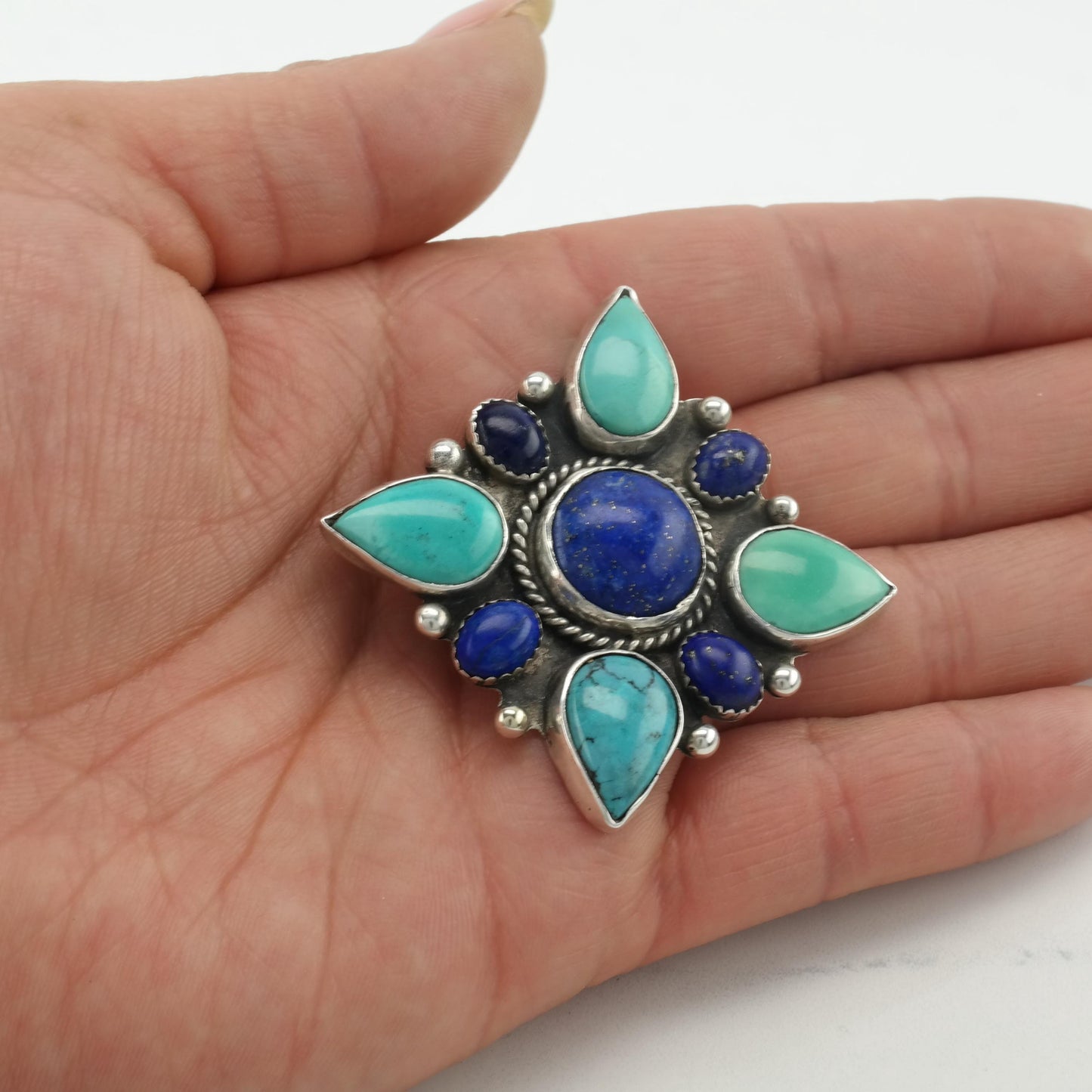 Southwest Blue Turquoise & Lapis Brooch Sterling Silver