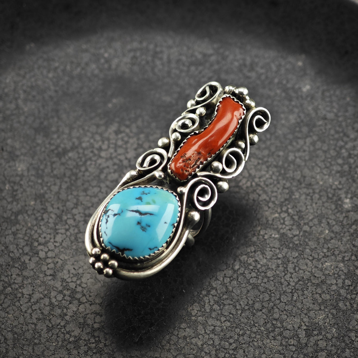 Native American Large Turquoise Coral Sterling Silver Ring Sz 8 1/2 R6870