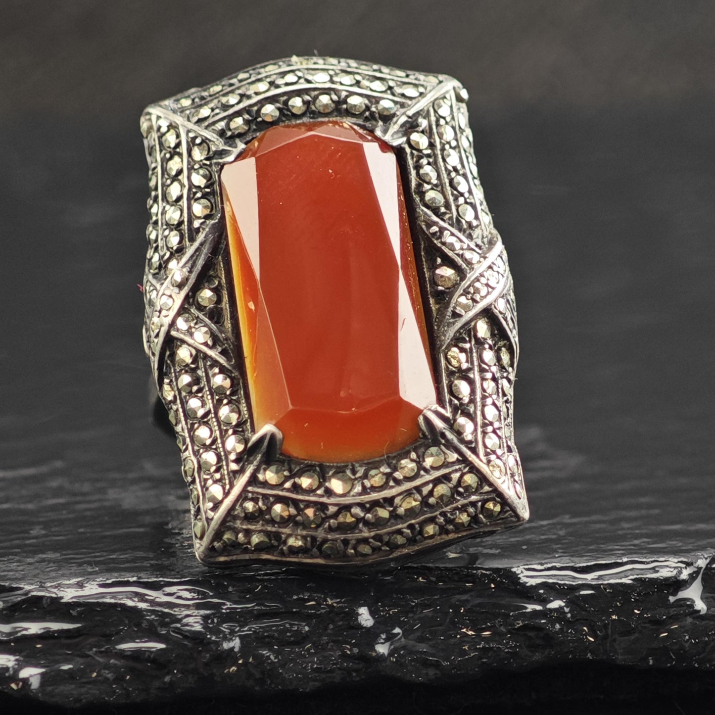 Vintage Art Deco Carnelian Sterling Silver Ring Sz 7.5 R6554