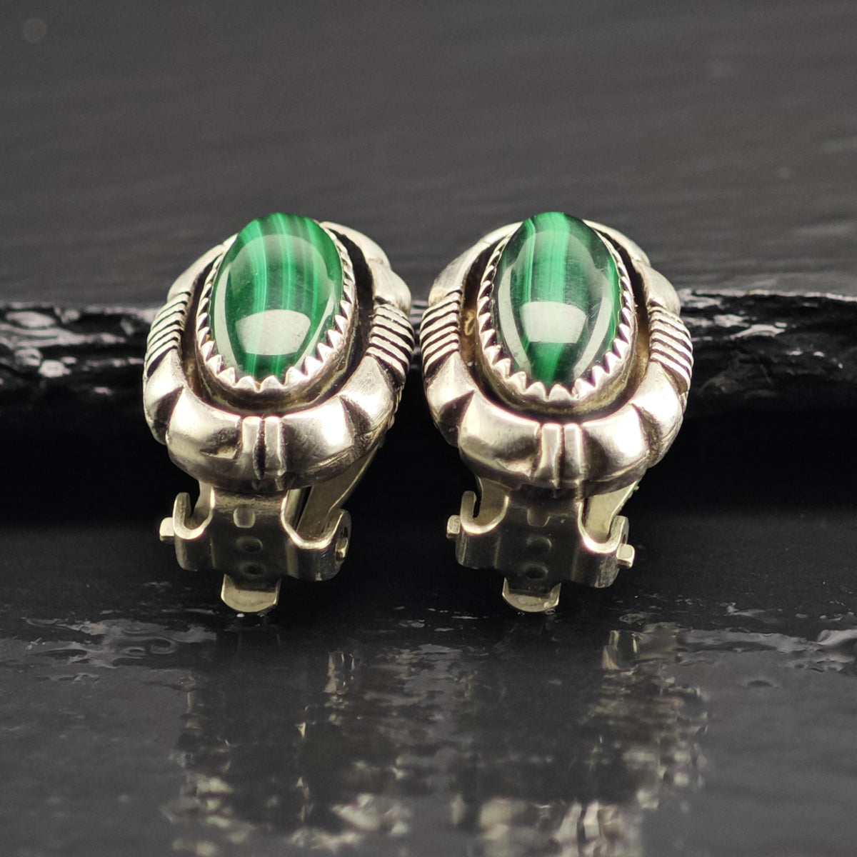Vintage Native American Malachite Sterling Silver Clip On Earrings ER3216
