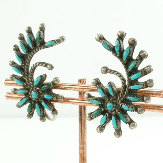 Zuni Sterling Silver Screw back Earrings Blue Turquoise Needle Point