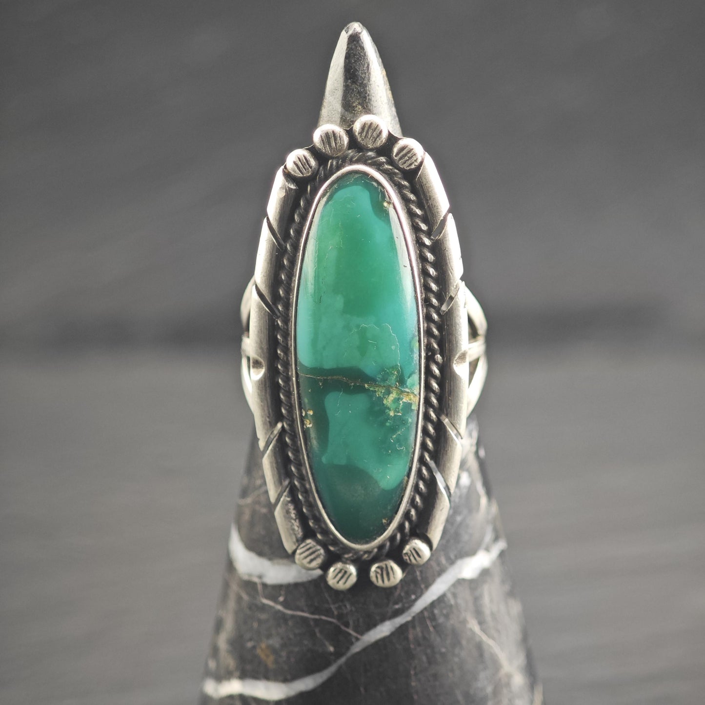 Long Oval Green Turquoise Sterling Silver Ring Sz 6 3/4 R6669
