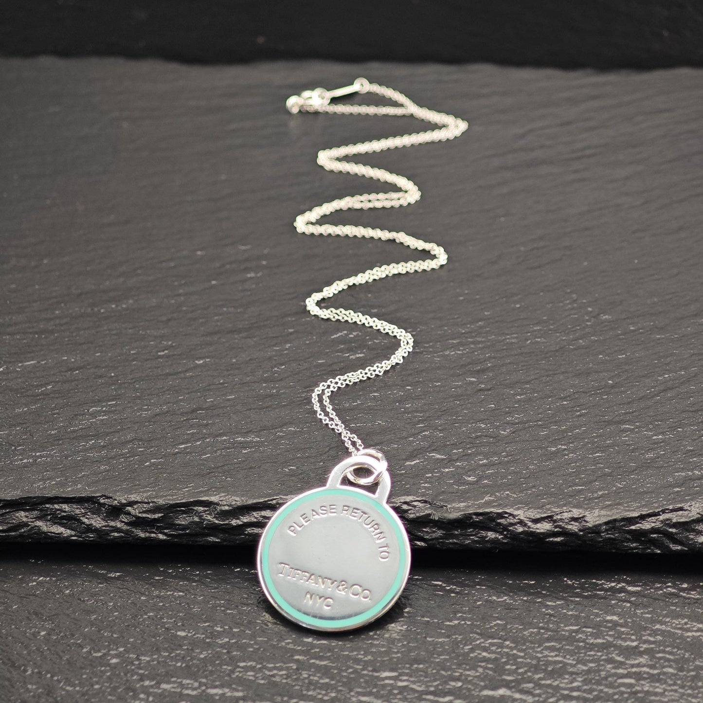 Vintage Tiffany Sterling Silver Teal Enamel Large Round Pendant Necklace N2569
