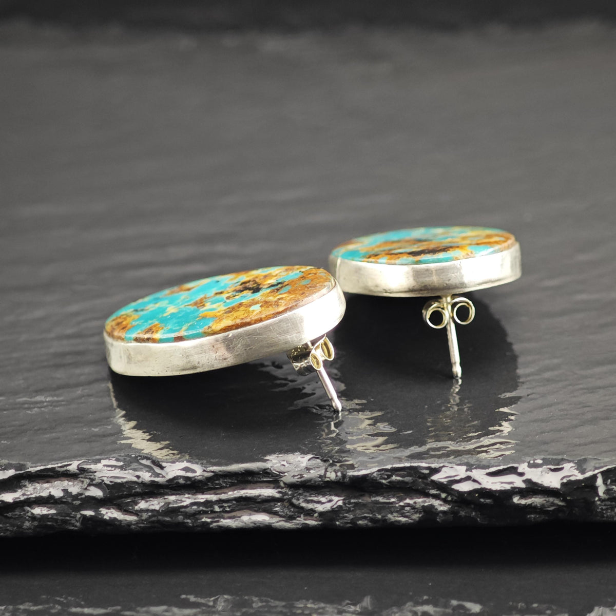 Vintage Navajo Spiderweb Turquoise Stud Sterling Silver Earrings ER3232