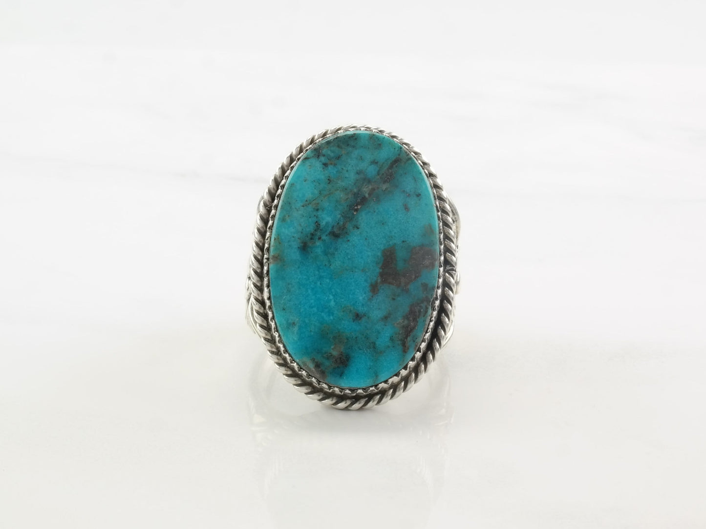 Native American Silver Ring Turquoise, Oval, Floral Sterling Size 10 3/4