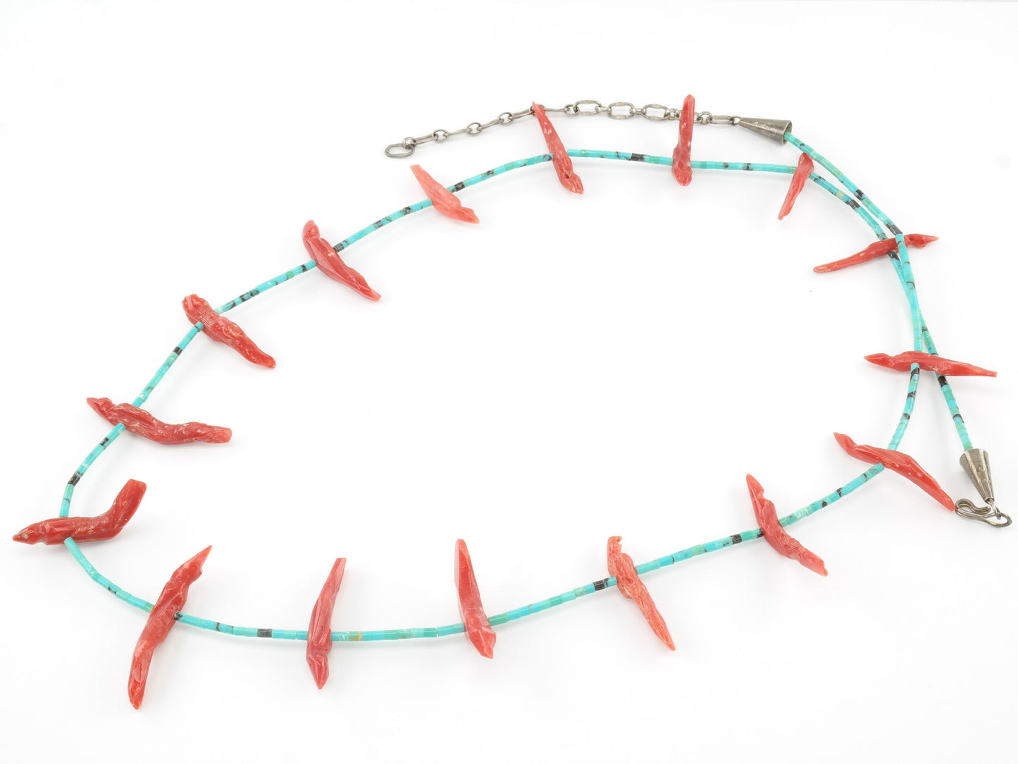 Vintage Zuni Carved Coral, Turquoise Heishi Sterling Silver Fetish Necklace