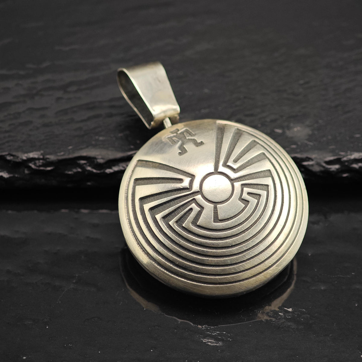 Hopi Overlay Tapuat Overlay Round Sterling Silver Pendant P3136