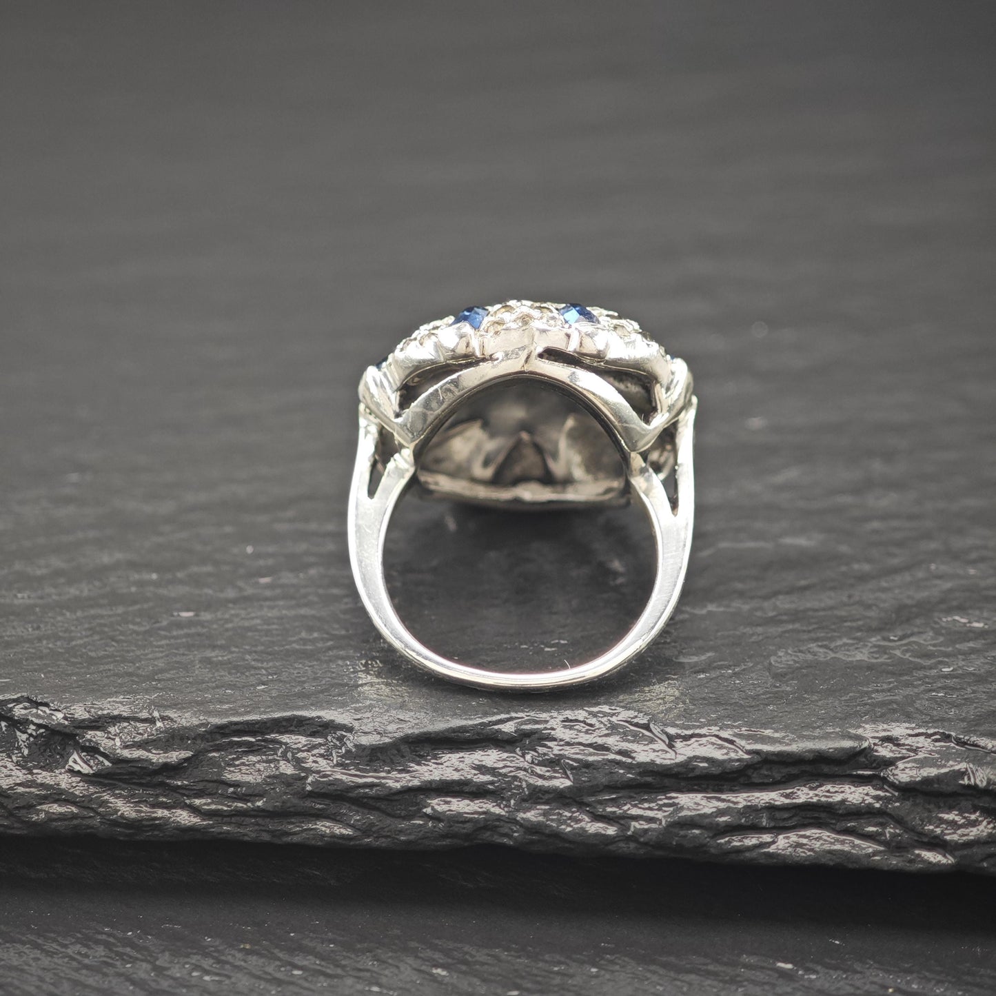 Art Deco Blue and White Dome Ring Sterling Silver Shank