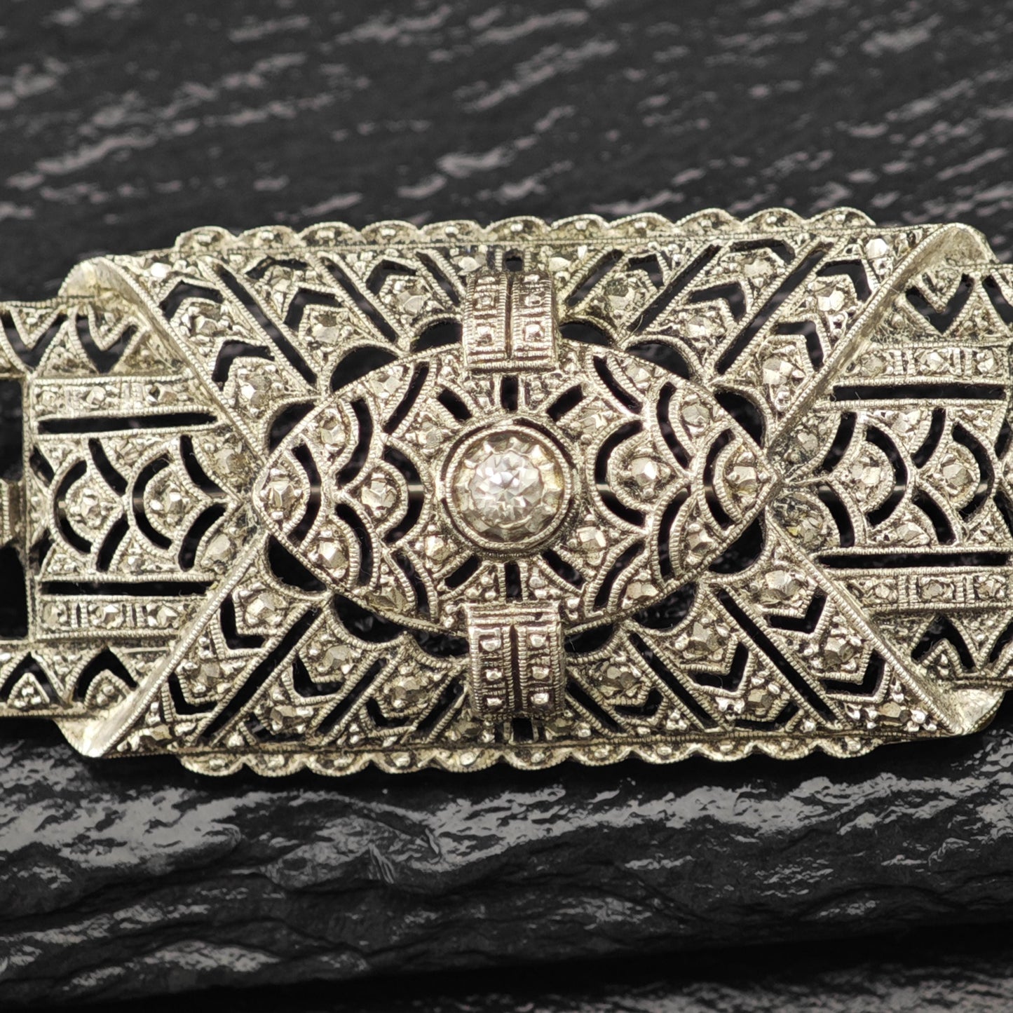 Art Deco Sterling Silver Brooch Filigree White Paste