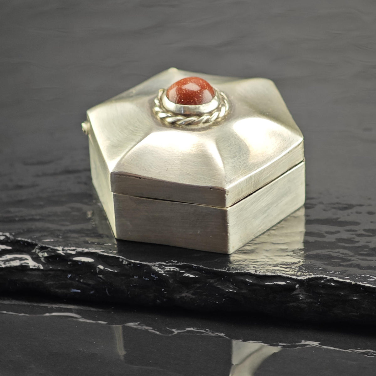 Vintage Orange Goldstone Trinket Box Sterling Silver MISC0424