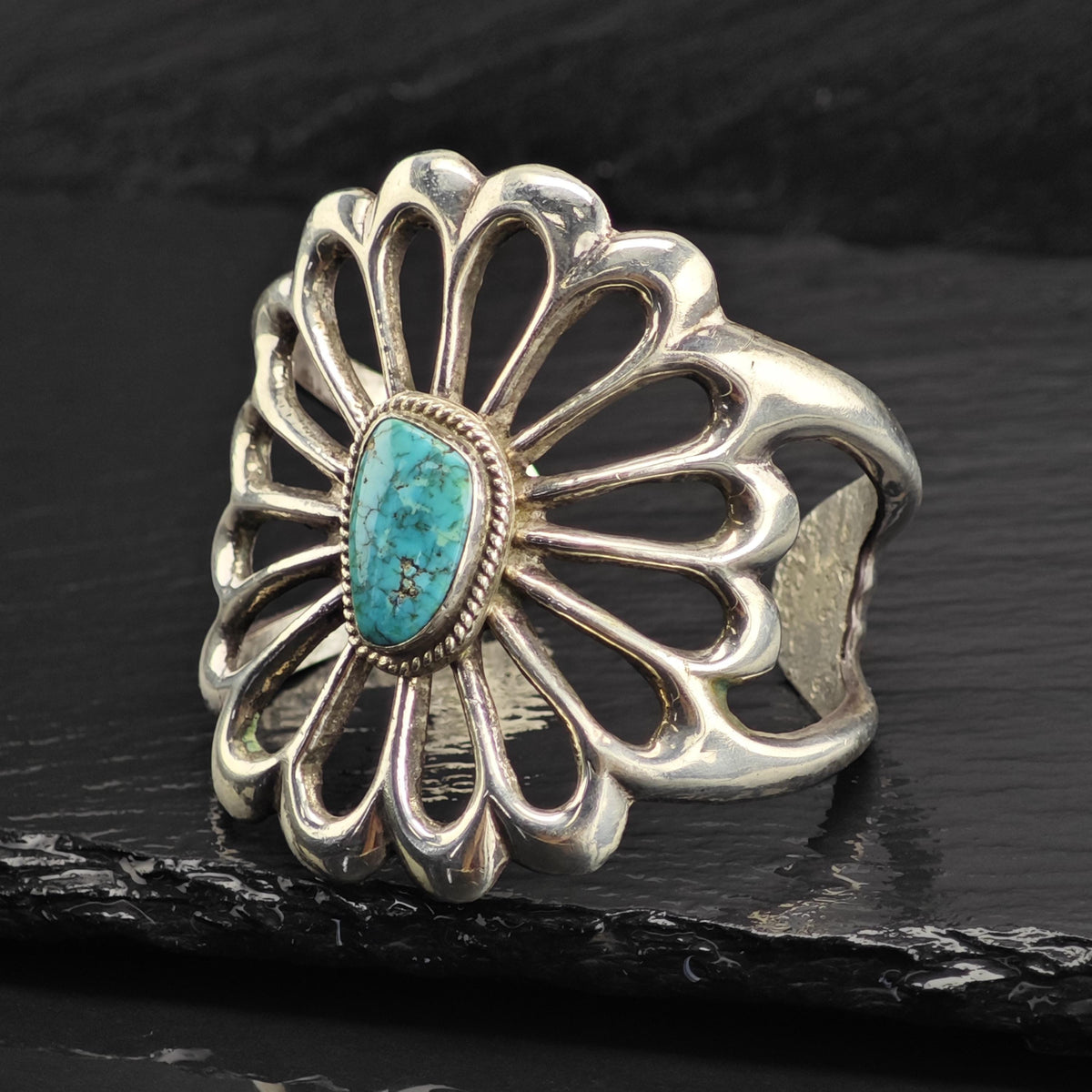 Vintage Native American Turquoise Sand Cast Flower Sterling Silver Cuff Sz 5 3/4" BR3127