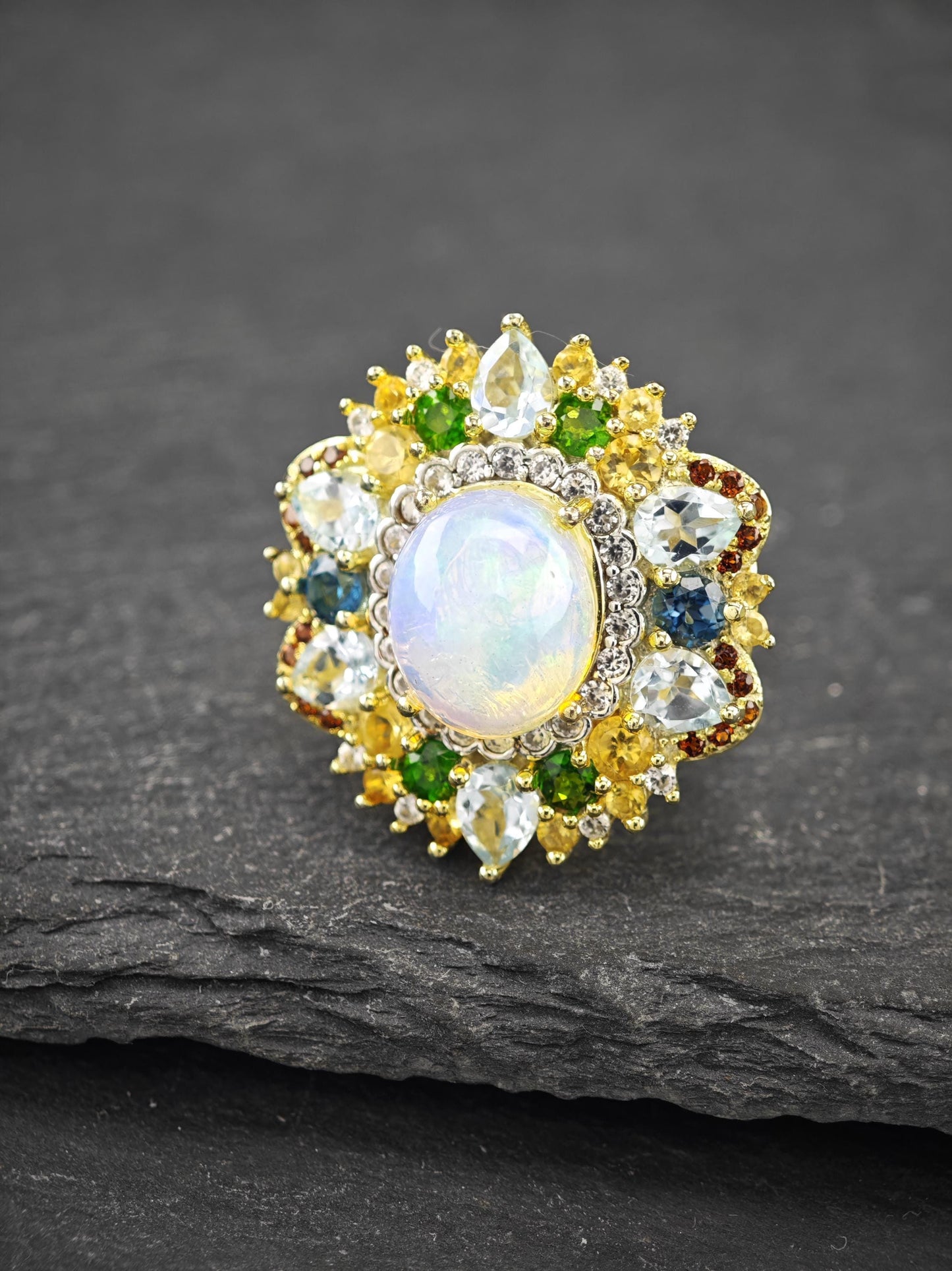 Vintage Multi-stone, Topaz, Opal Ring Sterling Silver