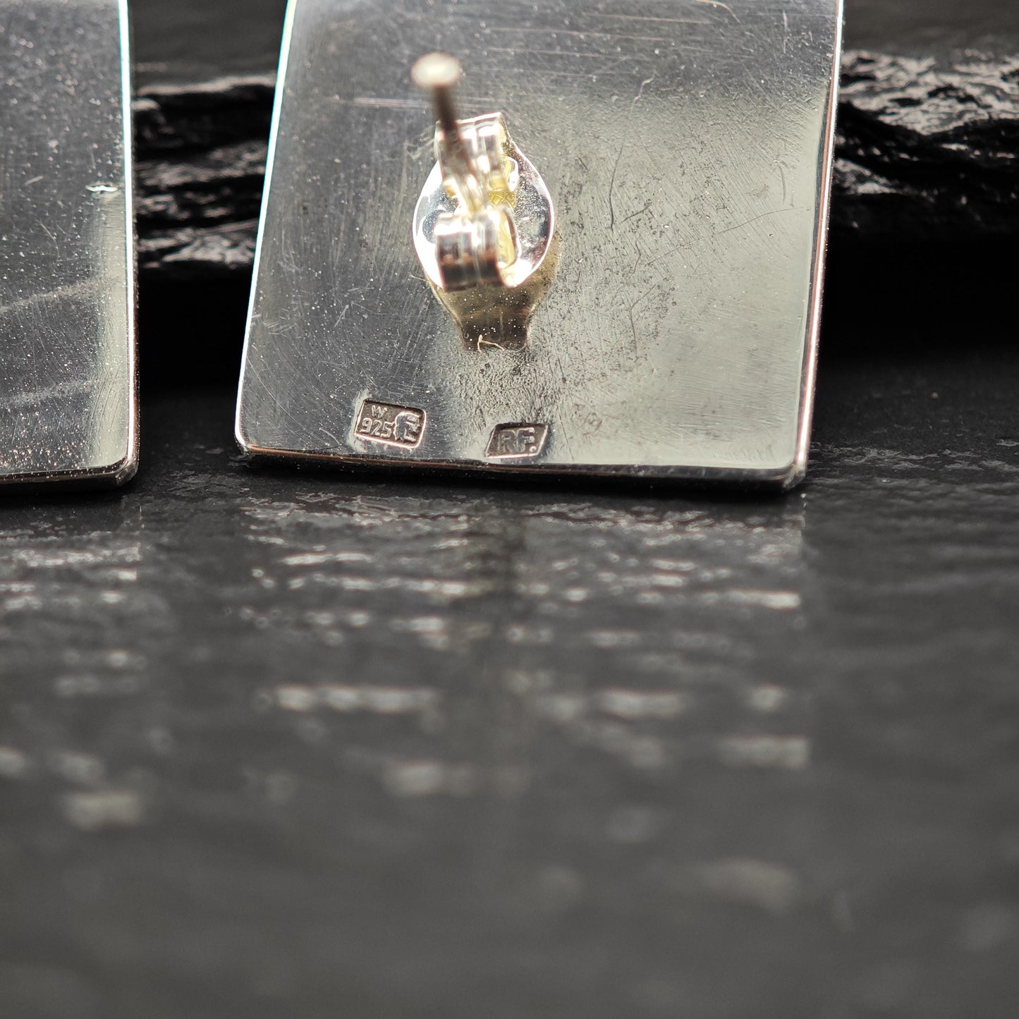 Vintage Warsaw, Poland Black Enamel Geometric Stud Earrings Sterling Silver