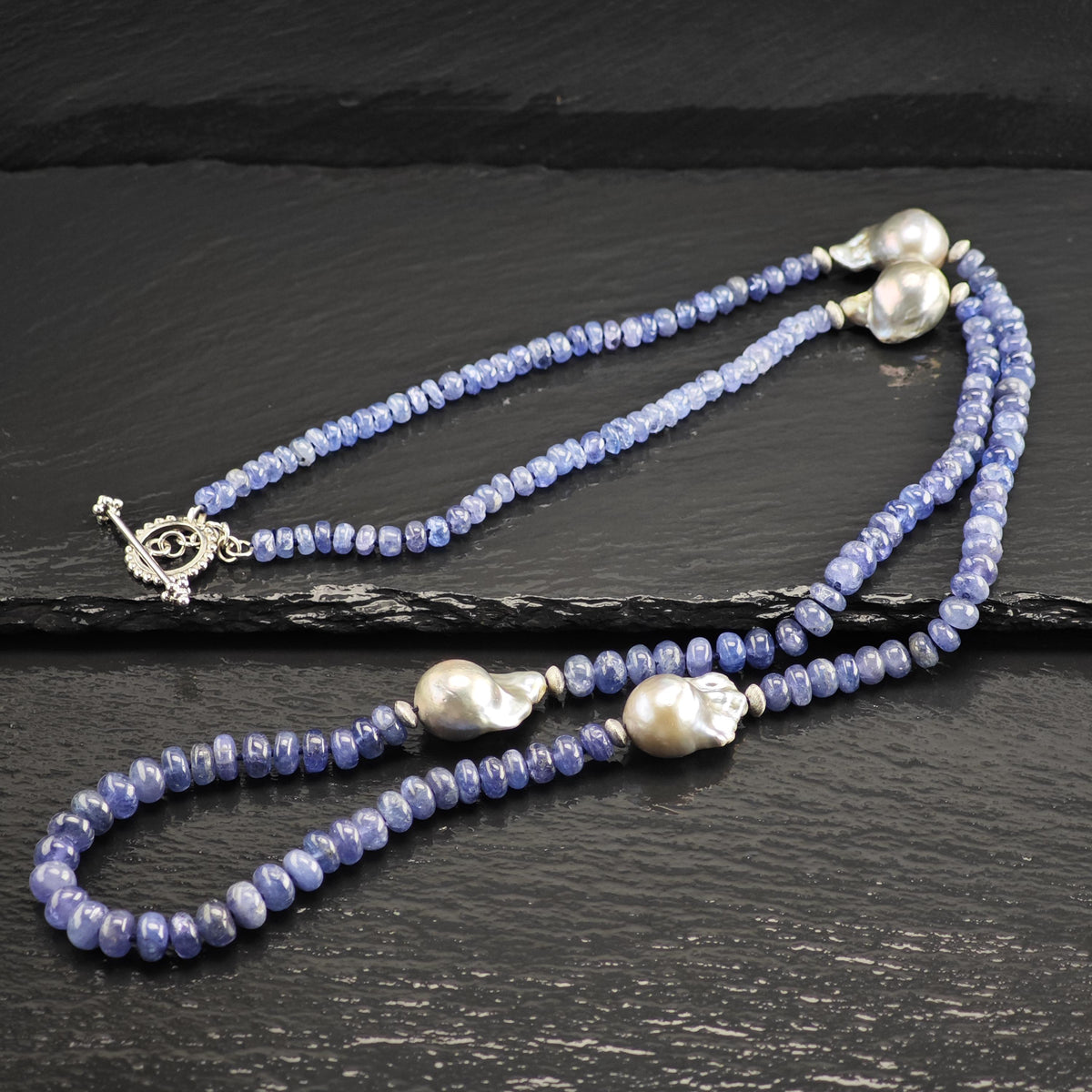 Blue Tanzanite Pearl Beaded Necklace Sterling Silver N2781
