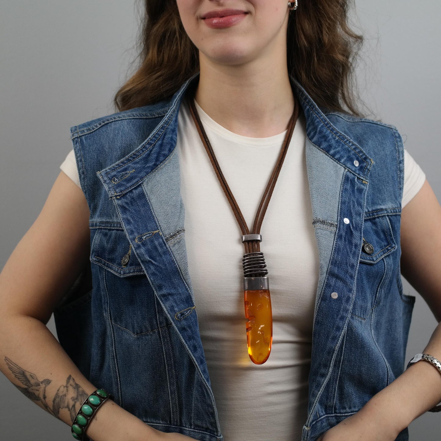 Boho Orange Natural Baltic Amber Duo Tone Leather Sterling Silver Necklace N1443