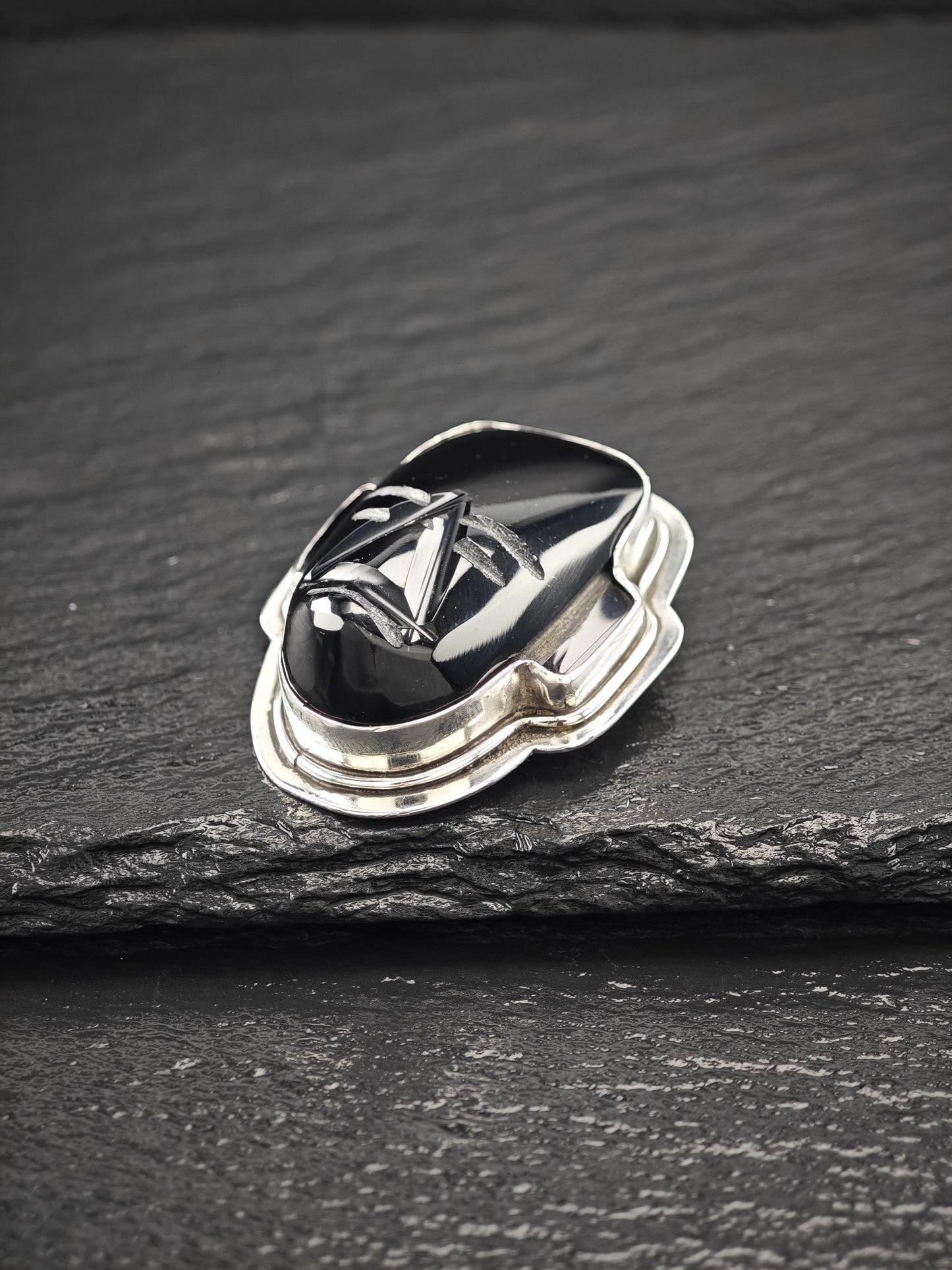 Vintage Carved Mask Brooch Sterling Silver
