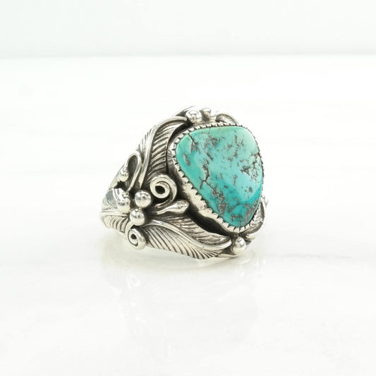 Native American Silver Ring Turquoise Floral Sterling Blue Size 12 1/2