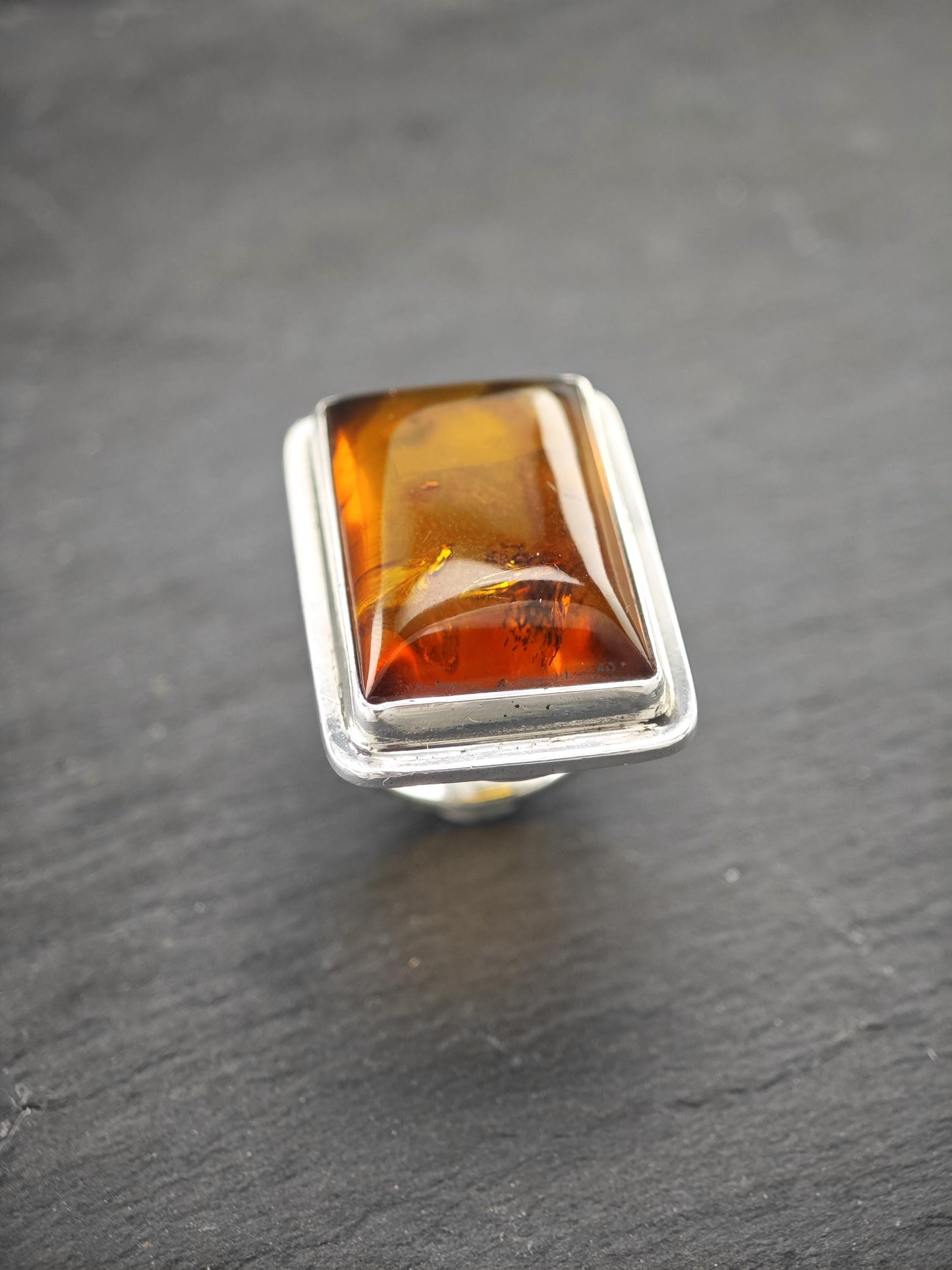 Large Rectangular Amber Ring Sterling Silver