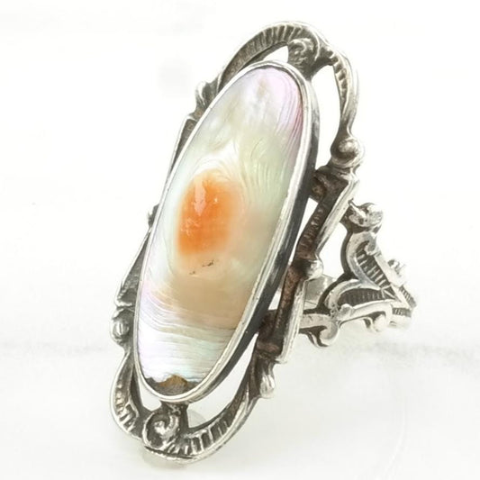 Art Deco Silver Ring Blister Pearl Navette Sterling Size 6