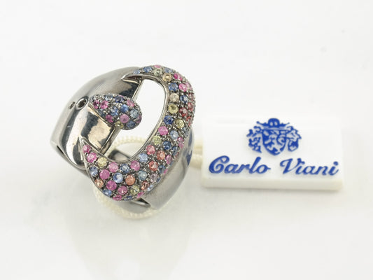 Vintage Carlo Viani Ring Multi Gem Belt Buckle Sterling Silver Size 7
