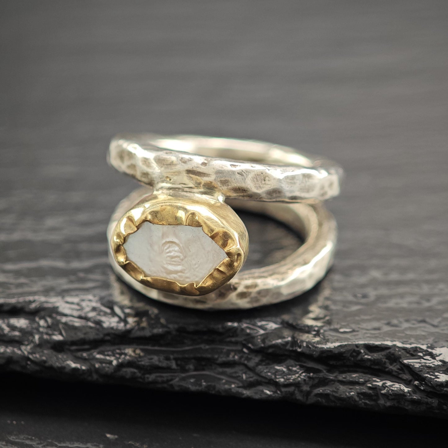 Brutalist Pearl Ring in Sterling Silver 9k Gold Bezel R5808