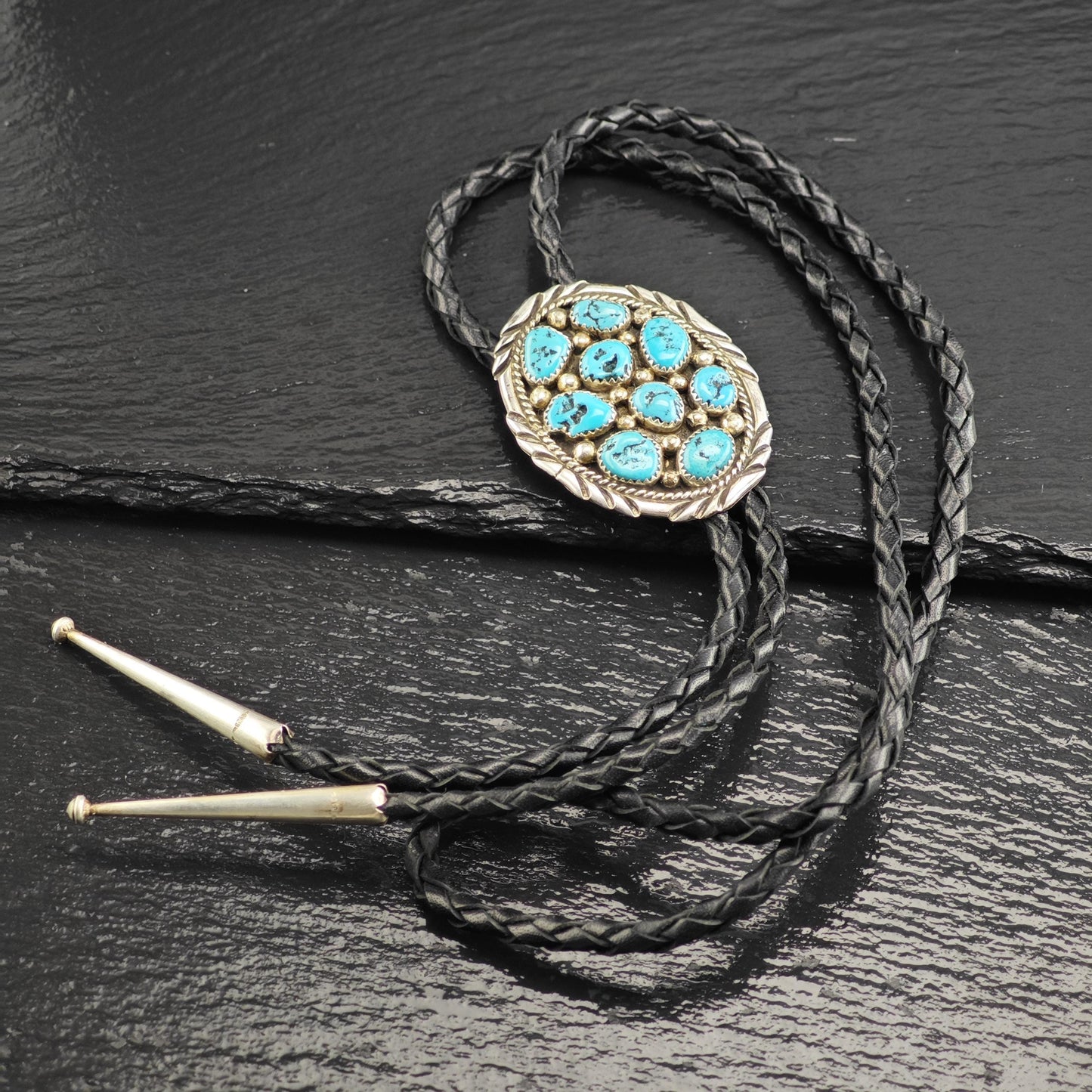 Vintage Native American Sterling Silver Sleeping Beauty Turquoise Cluster Bolo Tie Necklace N2746