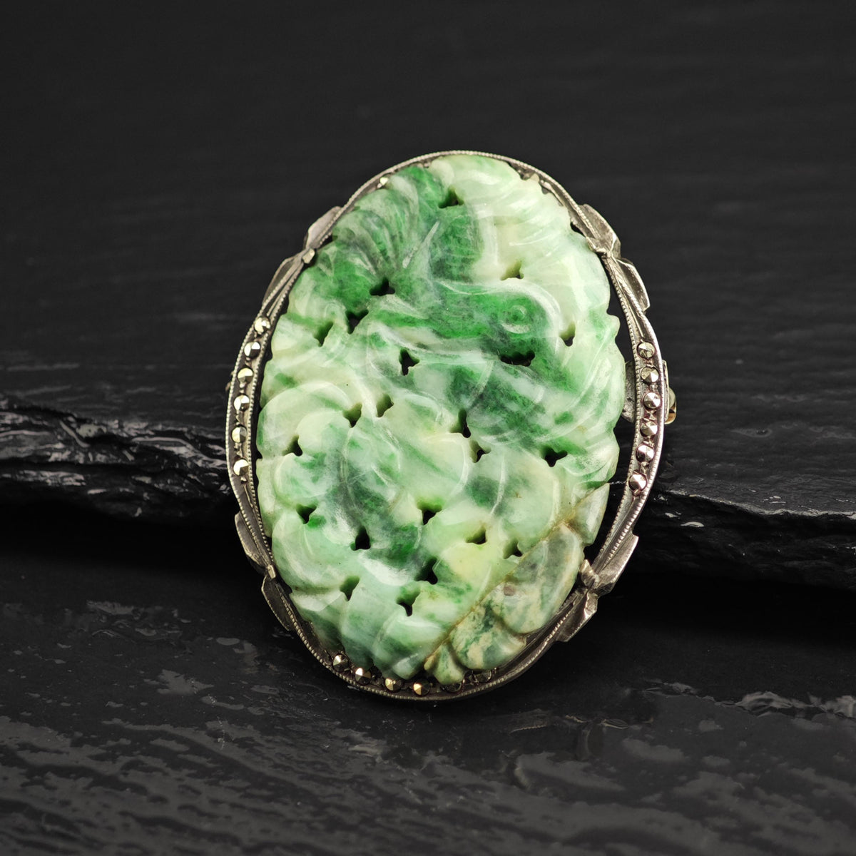 Art Deco Carved Jade Brooch Pendant 800 Silver B2245