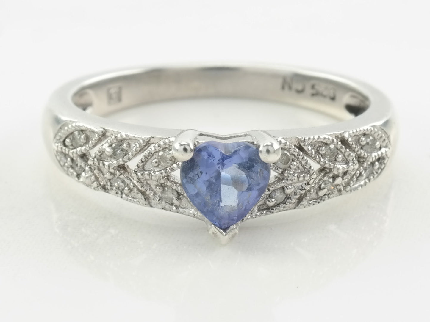 Sterling Silver Heart Ring Tanzanite, Diamond Size 6 3/4