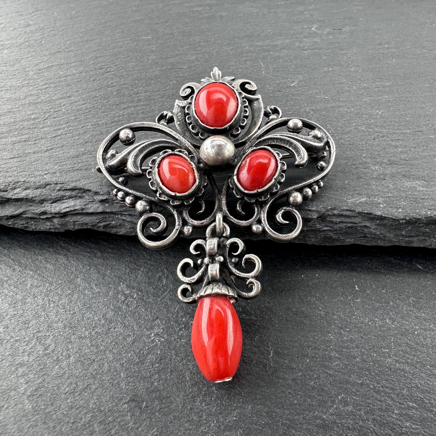 Late Victorian Red Coral Sterling Silver Brooch
