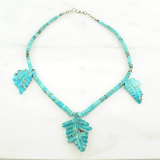 Native American Sterling Silver Blue Turquoise Carved Leaf Necklace