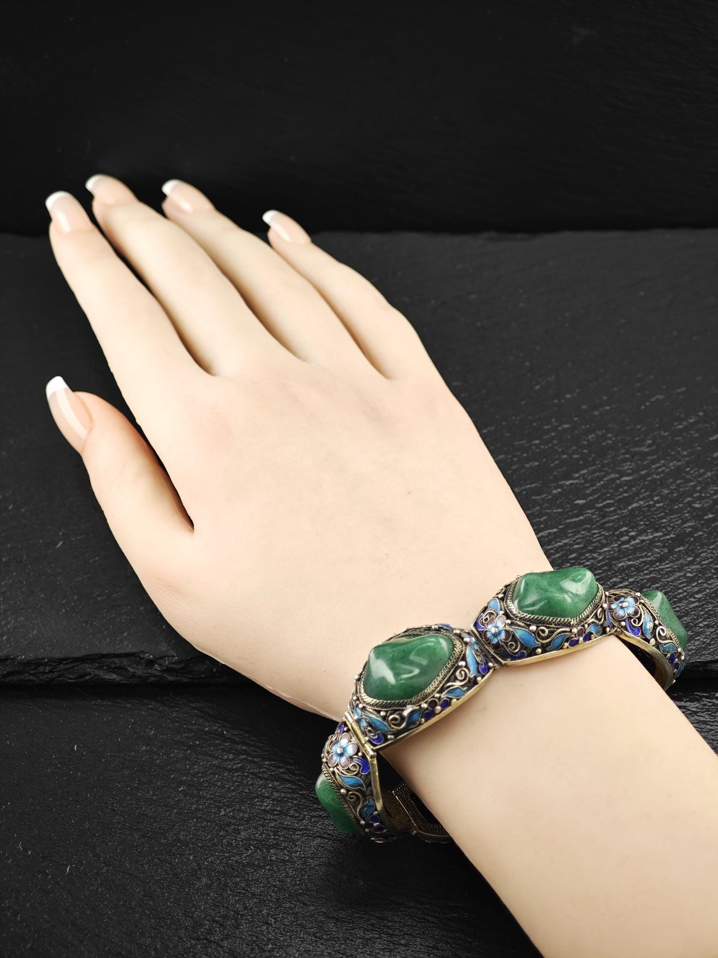 Chinese Export Gold Gilded, Enamel Bracelet Sterling Silver