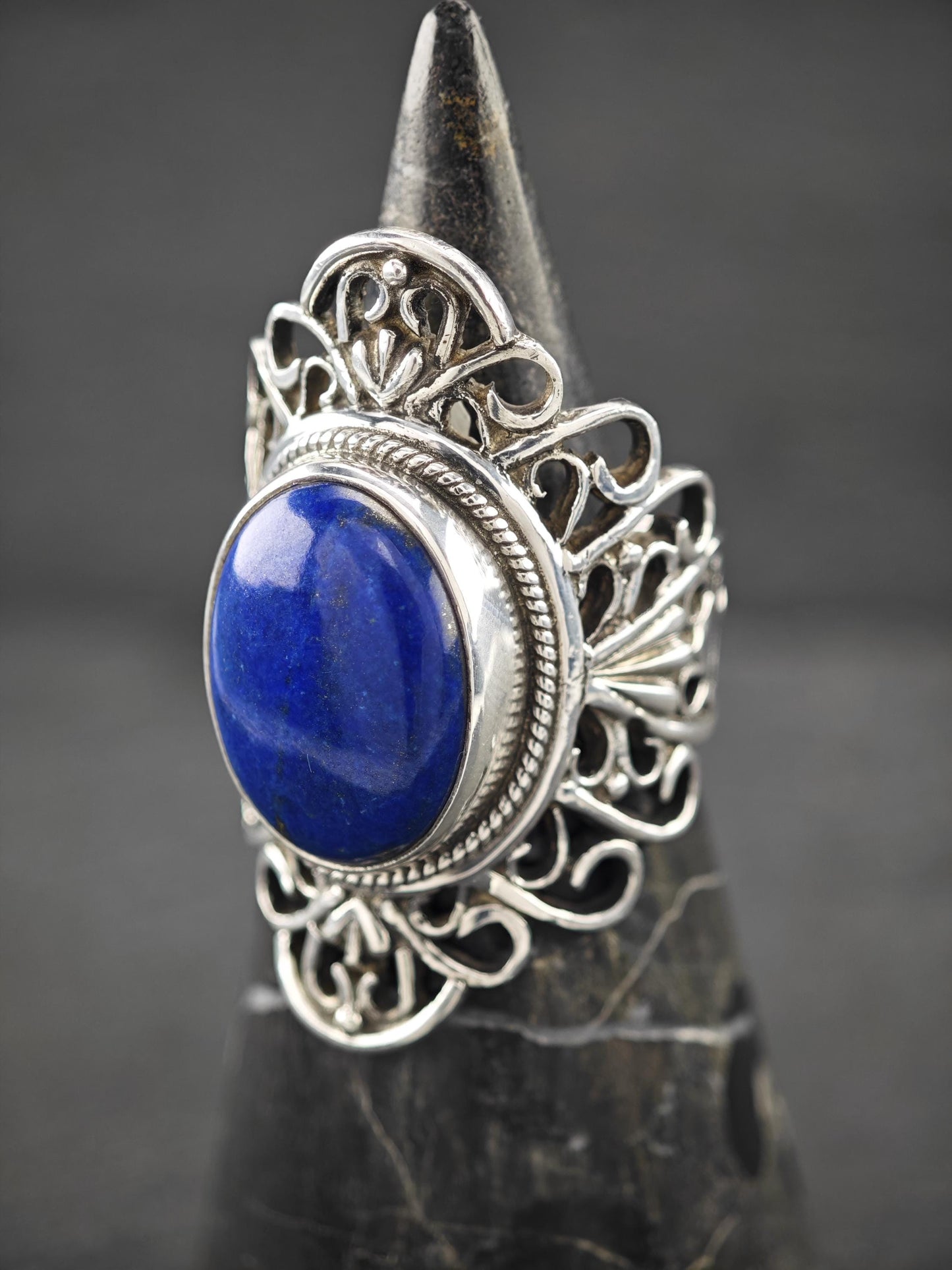 Vintage Lapis, Filigree Ring Sterling Silver
