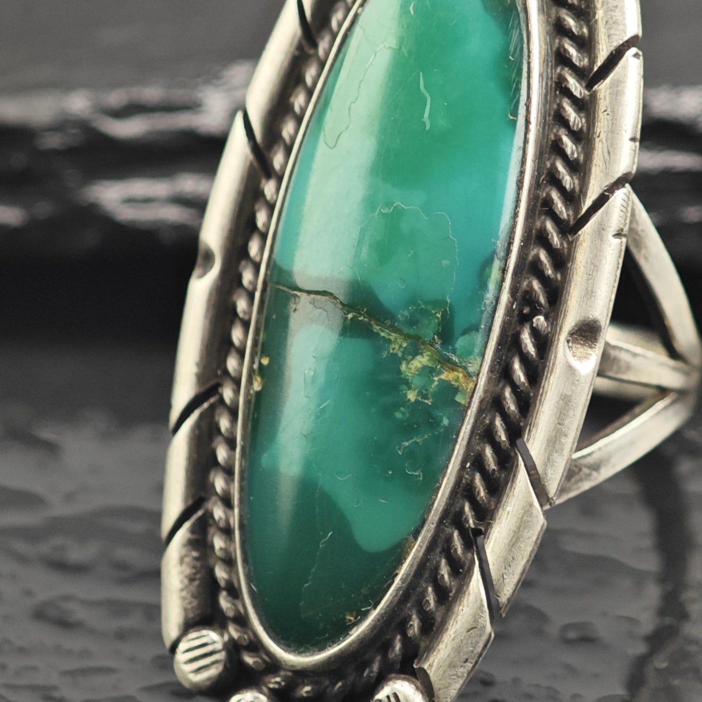 Long Oval Green Turquoise Sterling Silver Ring Sz 6 3/4 R6669