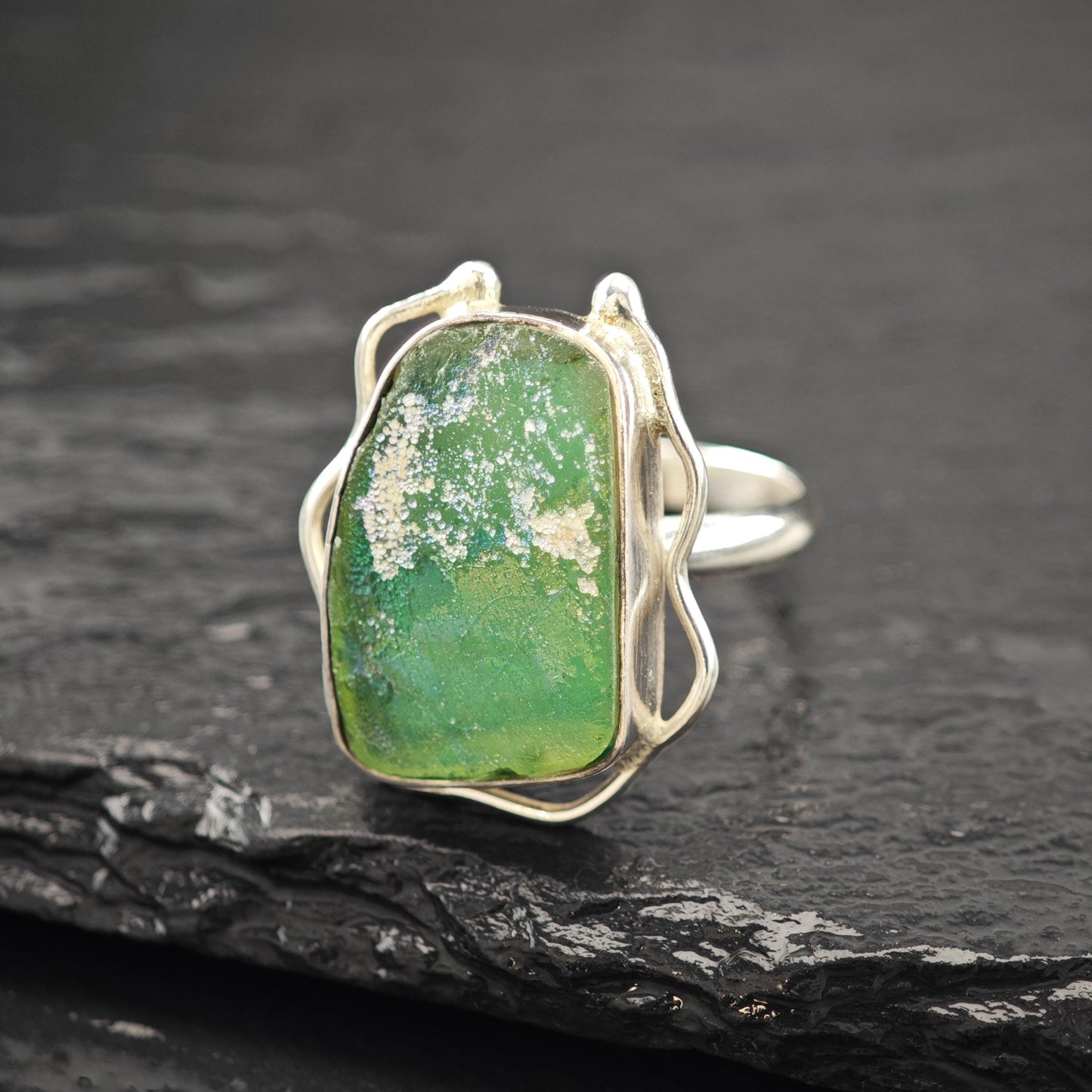 Sterling Silver Ring: Sea Glass Centerpiece - Vintage Style Size 8