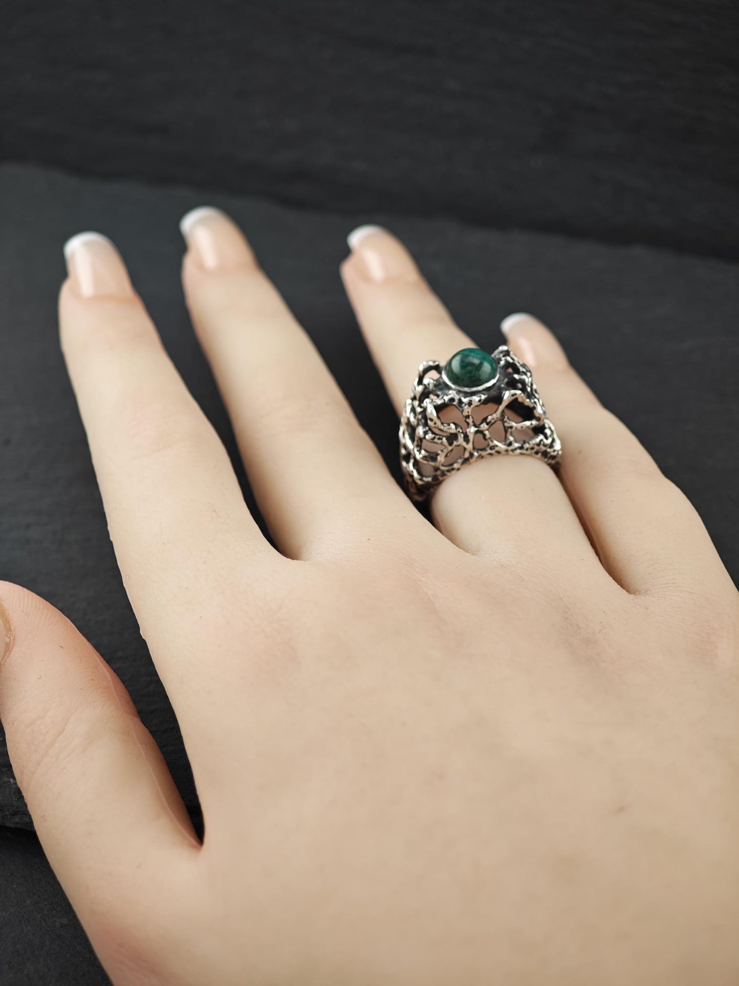 Vintage Brutalist Chrysocola Ring Sterling Silver
