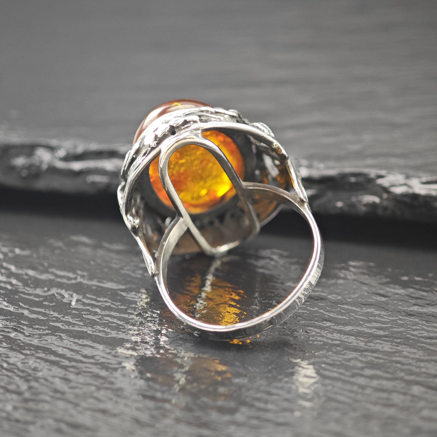European Dome Amber Ring Sterling Silver Sz 9 1/4
